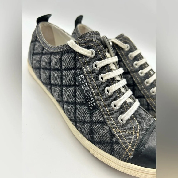 Chanel quilted denim leather lined low top sneakers shoes authentic 38 - Picture 2 of 15